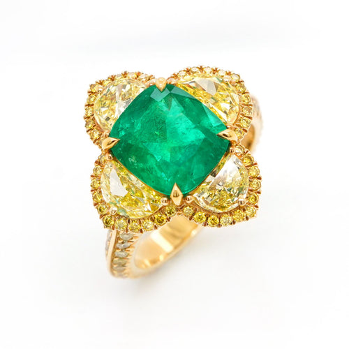 2.99 / 1.08 cts Colombian Emerald with Fancy Half Moon Diamond Ring