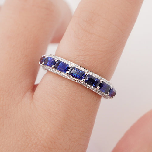 3.68 cts Octagon Blue Sapphire with White Diamond Pavee Eternity Ring