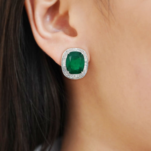 10.777 / 9.844 cts Cushion Emerald with Diamond Earrings