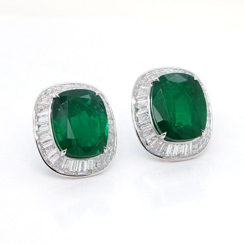 10.777 / 9.844 cts Cushion Emerald with Diamond Earrings