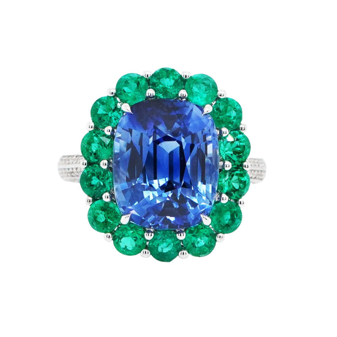 9.09 / 1.71 cts Blue Sapphire with Round Emerald Ring (ENQUIRE)