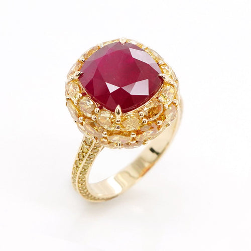 5.03 / 4.75 cts Unheated Burmese Ruby with Yellow Diamond Ring