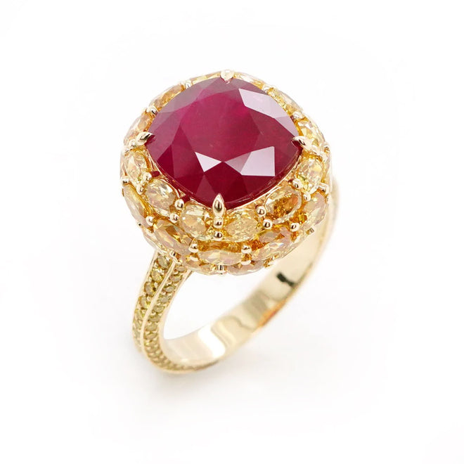 5.03 / 4.75 cts Unheated Burmese Ruby with Yellow Diamond Ring