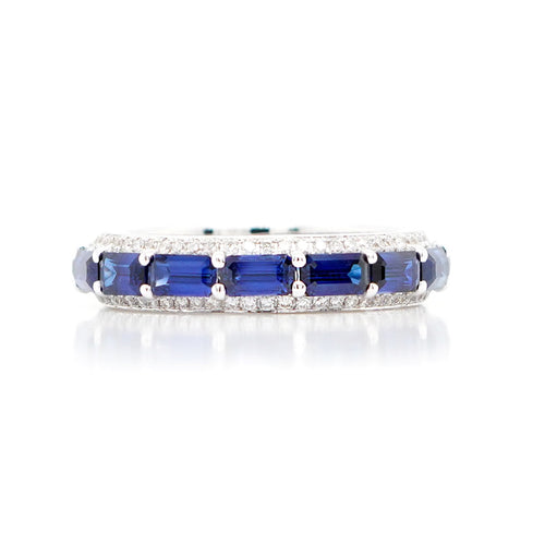 3.68 cts Octagon Blue Sapphire with White Diamond Pavee Eternity Ring