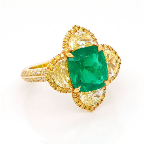 2.99 / 1.08 cts Colombian Emerald with Fancy Half Moon Diamond Ring