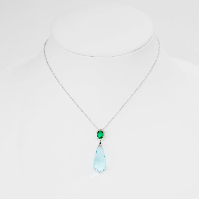 25.62 / 1.30 cts Emerald With Aquamarine Drop Gem Necklace