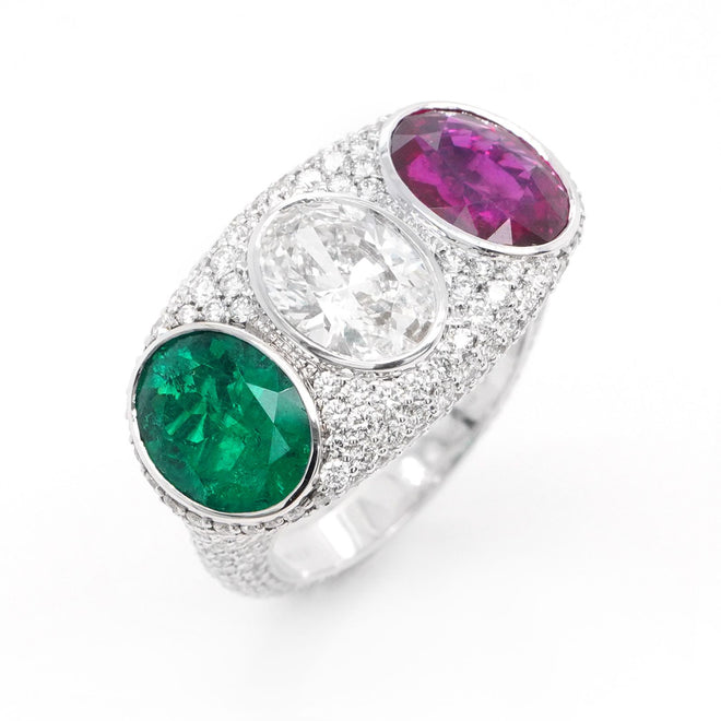 2.27 / 1.97 / 1.65 cts Oval Ruby and Emerald with Diamond Ring