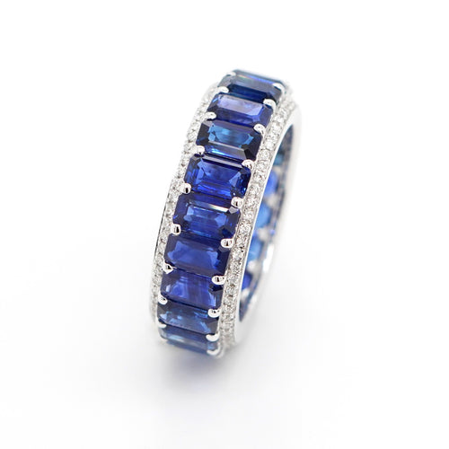 8.04 cts Octagon Blue Sapphire with White Diamond Pavée Eternity Ring