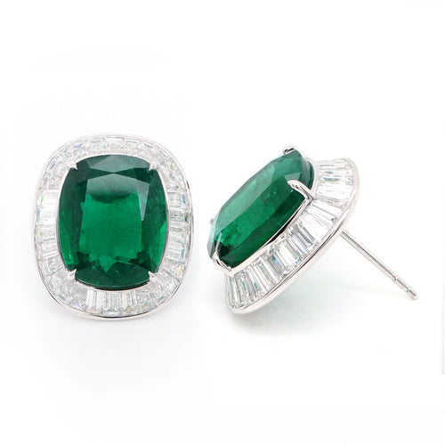 10.777 / 9.844 cts Cushion Emerald with Diamond Earrings