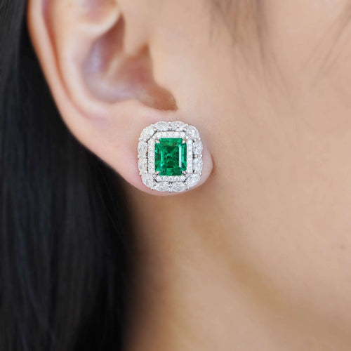 2.76 / 2.37 cts Emerald with Oval Diamond Earrings