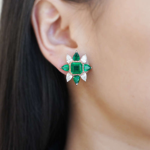 9.89 / 3.39 cts Minor Emerald With Pear Shape Diamond Earrings