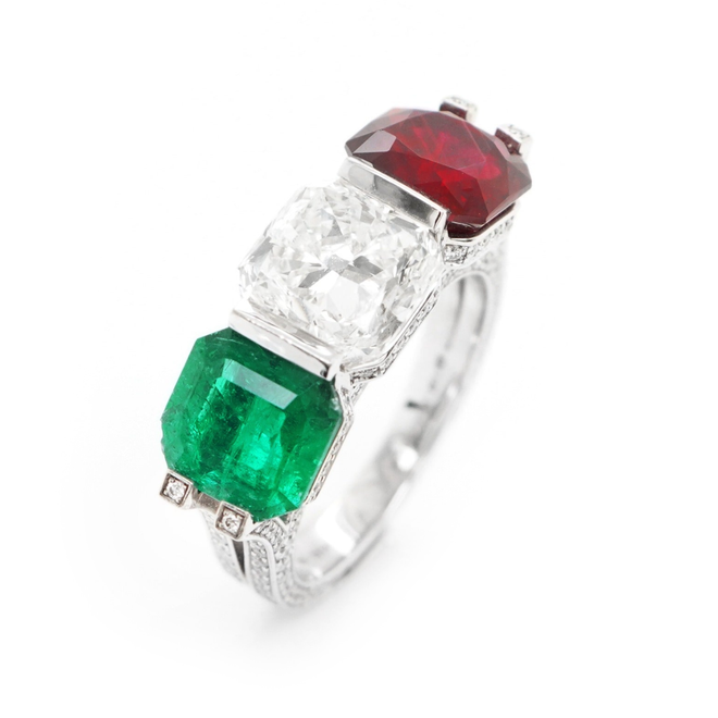 RD-21019-3.01  2.83  1.58 cts Unheated Octagon Ruby and Emerald with Diamond Ring