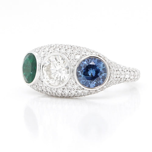 1.10 / 0.89 / 0.79 cts Round Brilliant Sapphire and Emerald with Diamond Ring