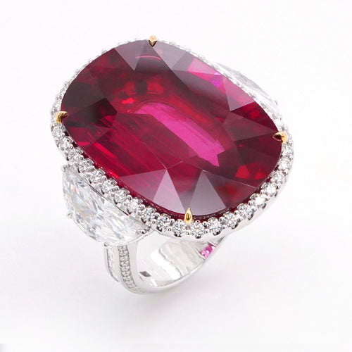 RR-24007-32.35 cts Cushion Ruby with Diamond Ring (ENQUIRE)