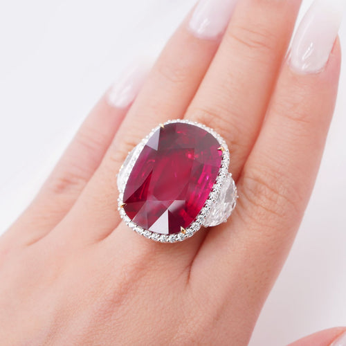 RR-24007-32.35 cts Cushion Ruby with Diamond Ring (ENQUIRE)