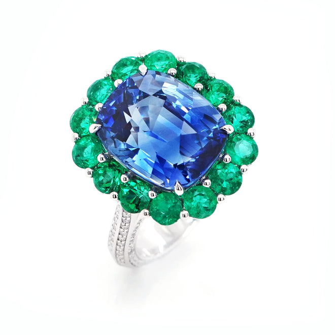 9.09 / 1.71 cts Blue Sapphire with Round Emerald Ring (ENQUIRE)