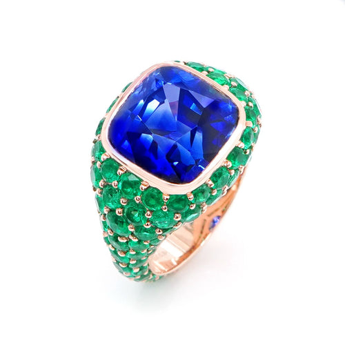 RS-24011-12.249  5.84 cts Blue Sapphire with Round Emerald Ring (ENQUIRE)