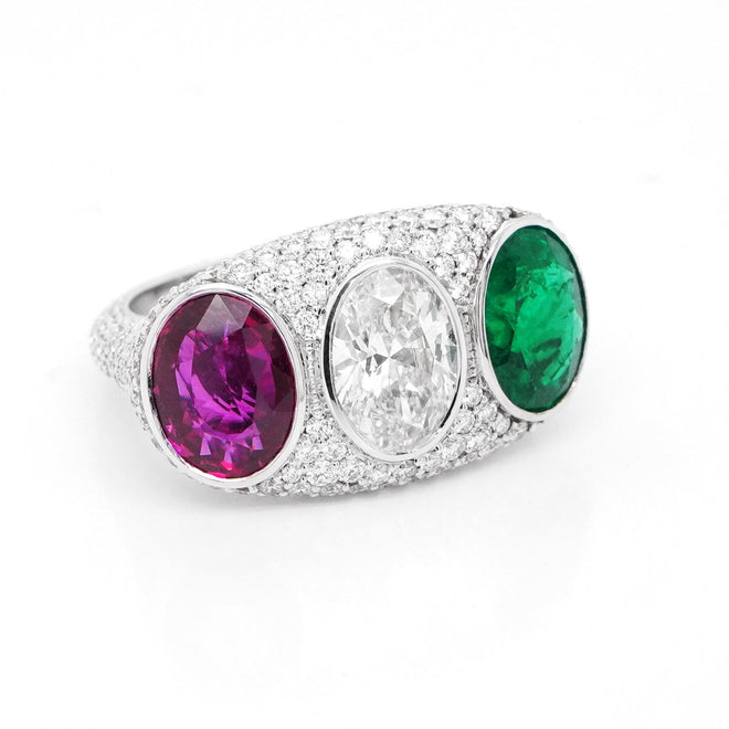 2.27 / 1.97 / 1.65 cts Oval Ruby and Emerald with Diamond Ring