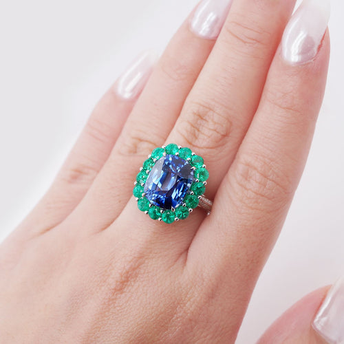 9.09 / 1.71 cts Blue Sapphire with Round Emerald Ring (ENQUIRE)