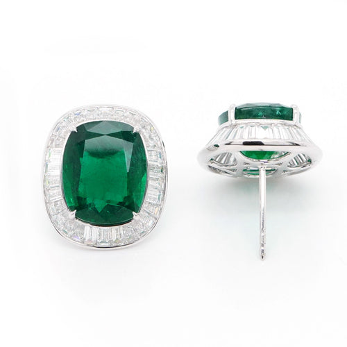 10.777 / 9.844 cts Cushion Emerald with Diamond Earrings