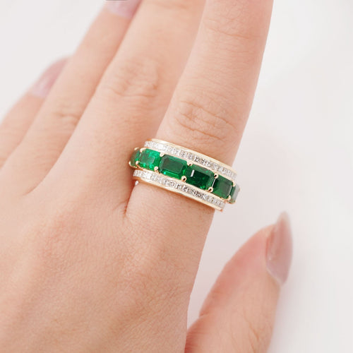 6.40 cts Octagon Emerald with White Diamond Pavé Eternity Ring