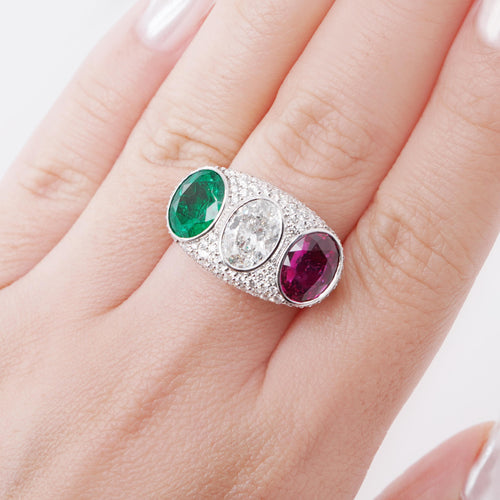 2.27 / 1.97 / 1.65 cts Oval Ruby and Emerald with Diamond Ring