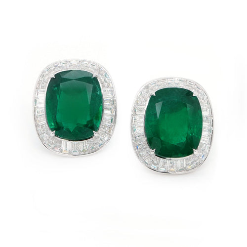 10.777 / 9.844 cts Cushion Emerald with Diamond Earrings