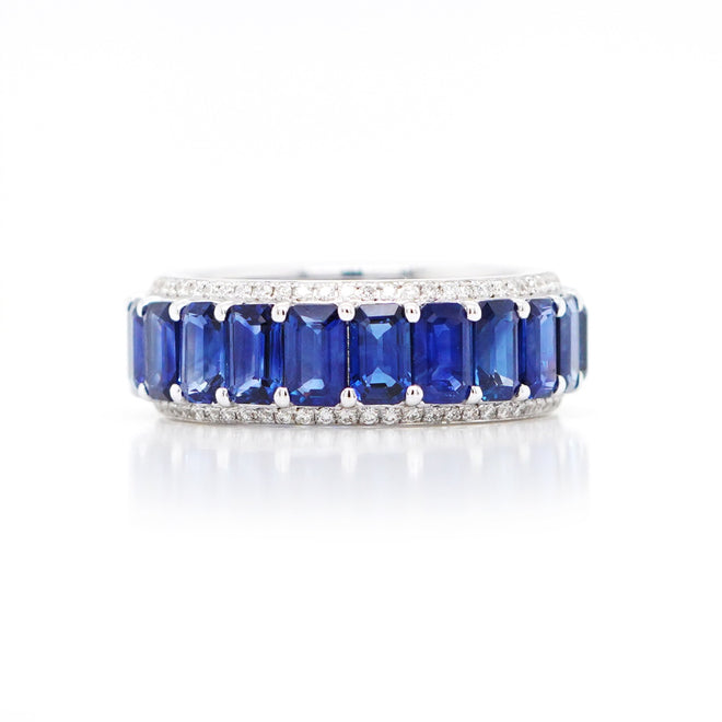 8.04 cts Octagon Blue Sapphire with White Diamond Pavée Eternity Ring