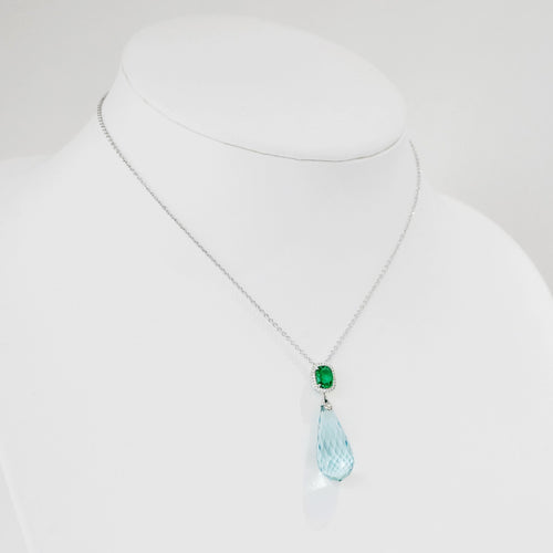 25.62 / 1.30 cts Emerald With Aquamarine Drop Gem Necklace